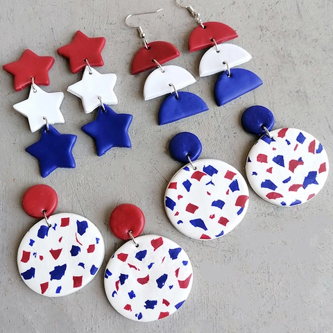 Handmade Polymer Clay Dangle Earrings USA Independence Day Red White Blue Heart Star Geometric Drop Earrings For Women