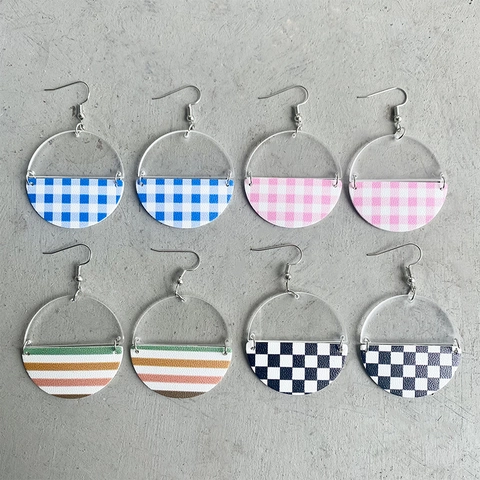 Acrylic Patchwork Drop Earrings For Women Geometric Semi-Circle Gingham Checkered Printed Dangle Earrings Fashion Jewelry