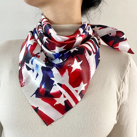 Dames Satijn Vierkante Sjaal Amerikaanse Vlag Sterren Strepen Print Grote Bandana Kopftuch Halstuch Onafhankelijkheidsdag