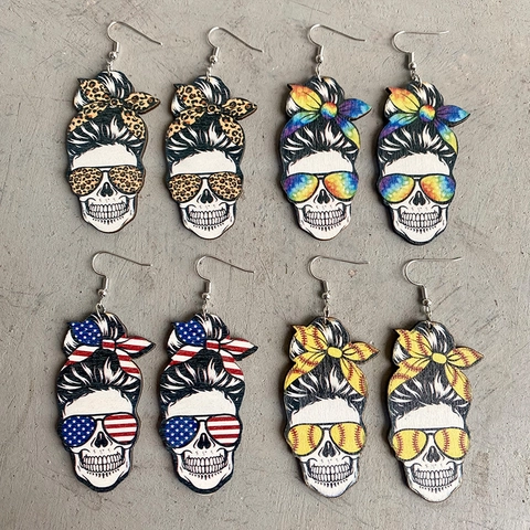 Messy Bun Skull Wood Dangle Earrings For Women US Flag Leopard Rainbow Baseball Patriotic Independence Day Jewelry Gift
