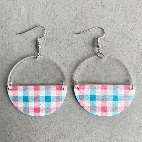 Acrylic Patchwork Drop Earrings For Women Geometric Semi-Circle Gingham Checkered Printed Dangle Earrings Fashion Jewelry