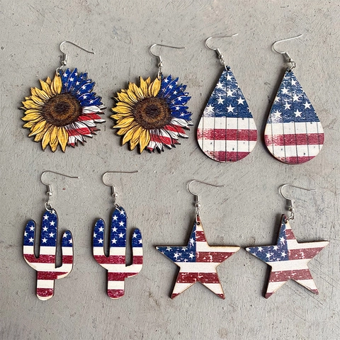 Patriotic Wooden Drop Earrings For Women US Flag Stars And Stripes Sunflower Cactus Star Jewelry For Independence Day July Fourth