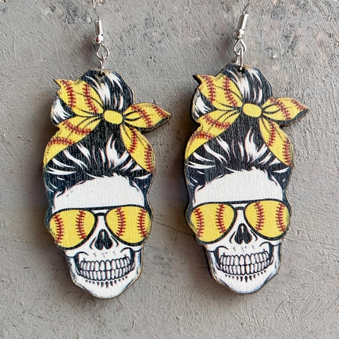 Messy Bun Skull Wood Dangle Earrings For Women US Flag Leopard Rainbow Baseball Patriotic Independence Day Jewelry Gift