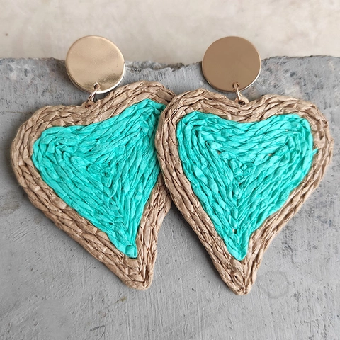 Boheemse Legering Gevlochten Hart Druppel Oorbellen Voor Vrouwen Zomer Strand Vakantie Raffia Stro Weven Hartvormige Oorbellen Sieraden