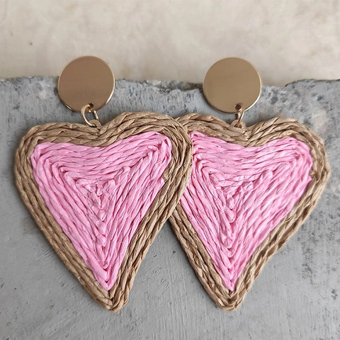 Boheemse Legering Gevlochten Hart Druppel Oorbellen Voor Vrouwen Zomer Strand Vakantie Raffia Stro Weven Hartvormige Oorbellen Sieraden