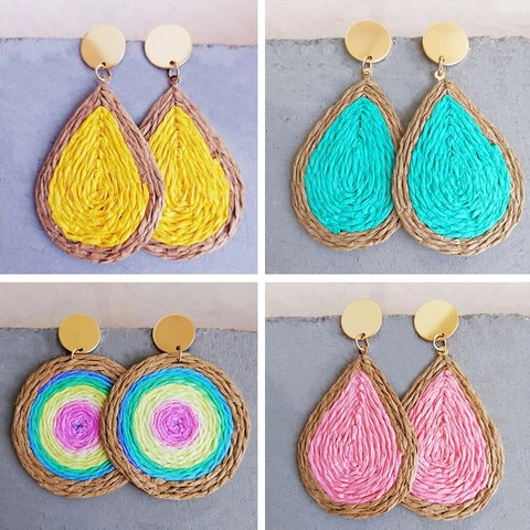 Bohemian Woven Raffia Teardrop Earrings For Women Summer Holiday Handmade Rattan Dangle Earrings Stainless Steel Ear Post