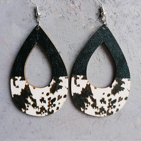 Vintage Holz Leopard Kuh Druck Tropfen Ohrringe Für Damen Spleißen Geometrische Wassertropfen Ohrhänger Bedruckt Mode Schmuck Zubehör