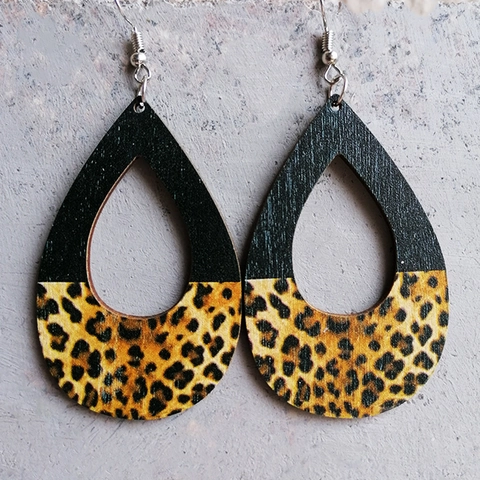 Vintage Holz Leopard Kuh Druck Tropfen Ohrringe Für Damen Spleißen Geometrische Wassertropfen Ohrhänger Bedruckt Mode Schmuck Zubehör
