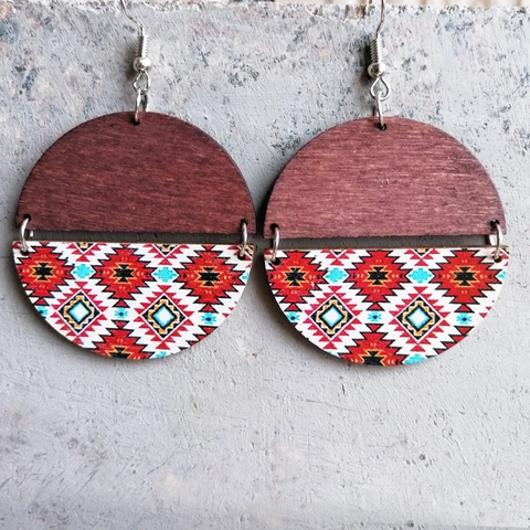 Vintage Bohemian Wood Drop Earrings Ethnic Geometric Pattern Splicing Round Dangle Earrings For Women Wood Jewelry