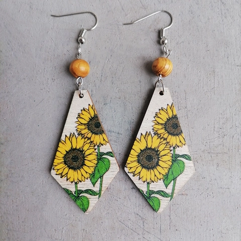 Vintage Bohemian Wood Drop Earrings For Women Ethnic Floral Printed Sunflower Rhombus Wood Bead Dangle Earrings Jewelry