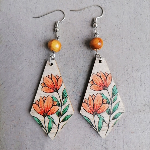 Vintage Bohemian Wood Drop Earrings For Women Ethnic Floral Printed Sunflower Rhombus Wood Bead Dangle Earrings Jewelry