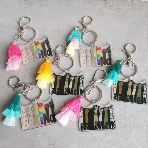 Be Kind Acrylic Keychain With Colorful Cotton Tassel Victory Hand Sign Alloy Clasp Fashion Bag Ornament For Women Girls
