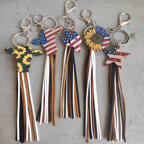 American Independence Day Western Cowboy Keychain Tassel Wood Pendant Sunflower Cactus Bull Head Pattern Patriotic Accessory