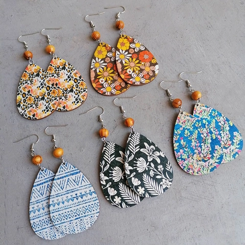 Vintage Wood Teardrop Earrings For Women Ethnic Bohemian Floral Geometric Printed Dangle Earrings With Wood Beads Hook