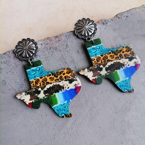 Vintage Western Texas Map Wood Drop Earrings Retro Bohemian Leopard Striped Cow Print Alloy Ethnic Earrings For Women Jewelry