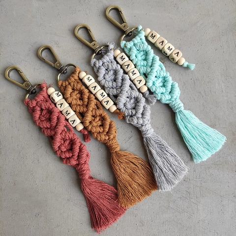 Handgemaakte Macramé MAMA Sleutelhanger Vrouwen Boho Katoenen Touw Kwastje Tas Charm Met Houten Kralen Moederdag Cadeau
