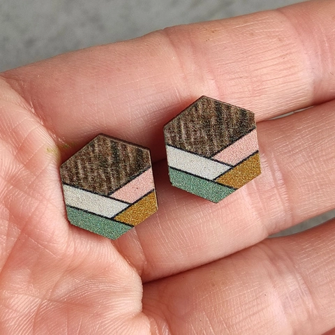 Bohemian Geometric Wood Stud Earrings For Women Artistic Stripe Round Hexagonal Wooden Earrings With Steel Post Jewelry Gift