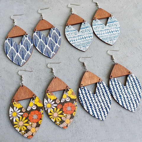 Bohemian Wooden Drop Earrings For Women Printed Floral Leaf Geometric Pattern Vintage Ethnic Style Patchwork Jewelry Gift
