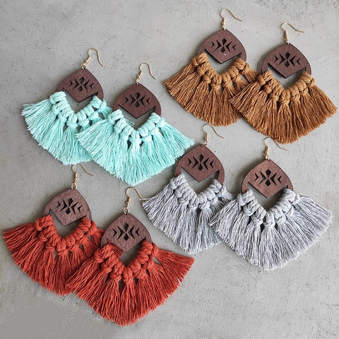 Bohemian Wood Geometric Hollow Tassel Dangle Earrings For Women Handmade Ethnic Woven Cotton Fringe Drop Earrings Jewelry