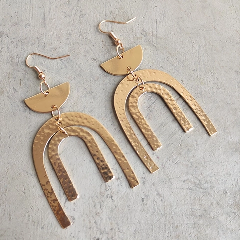 Bohemian Brass Geometric Drop Earrings For Women Gold Plated Hammered Circle Semi-Circle Dangle Earrings Jewelry Gift