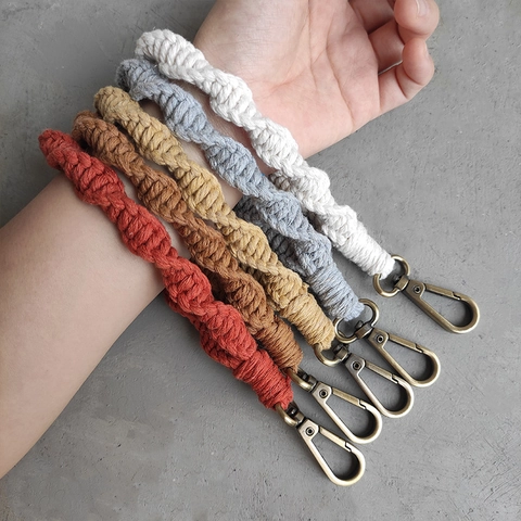 Handmade Macrame Wristlet Keychain Bohemian Braided Cotton Strap With Metal Clasp And Round Wood Tag For Women Bag Charm