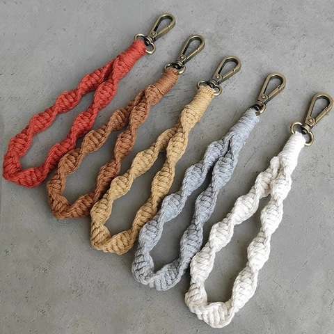 Handmade Macrame Wristlet Keychain Bohemian Braided Cotton Strap With Metal Clasp And Round Wood Tag For Women Bag Charm