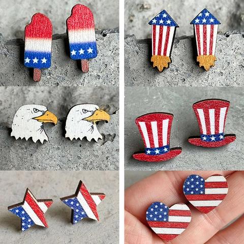 Patriotic American Flag Wooden Stud Earrings Red White Blue Star Heart Eagle Rocket Design Independence Day Women Jewelry