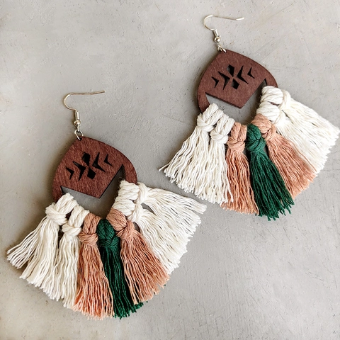 Bohemian Handmade Woven Fringe Drop Earrings Wood Geometric Hollow Design Cotton Tassel Ethnic Style Jewelry For Women