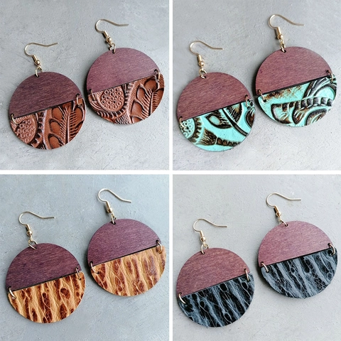 Bohemian Round Wood And Genuine Leather Splicing Drop Earrings Vintage Geometric Texture Western Style Handmade Jewelry For Women