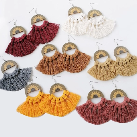 Bohemian Woven Tassel Drop Earrings For Women Handmade Sunflower Wood Printed Fan Shape Cotton Thread Ethnic Earrings