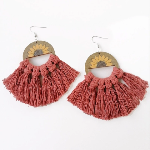 Bohemian Woven Tassel Drop Earrings For Women Handmade Sunflower Wood Printed Fan Shape Cotton Thread Ethnic Earrings