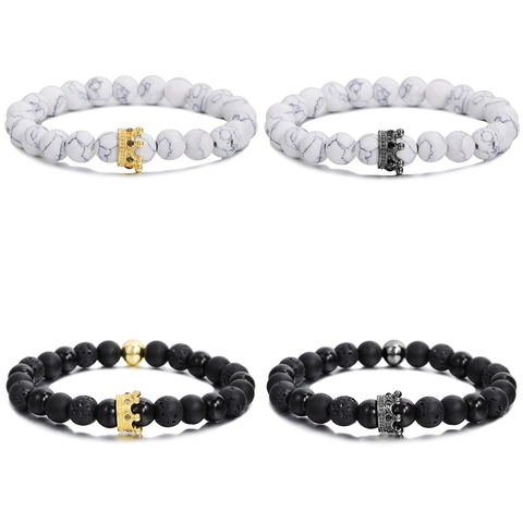 Men Natural Volcano Stone Howlite Crown Beaded Bracelet Handmade Elastic Stone Charm Bracelet Jewelry Gift For Him