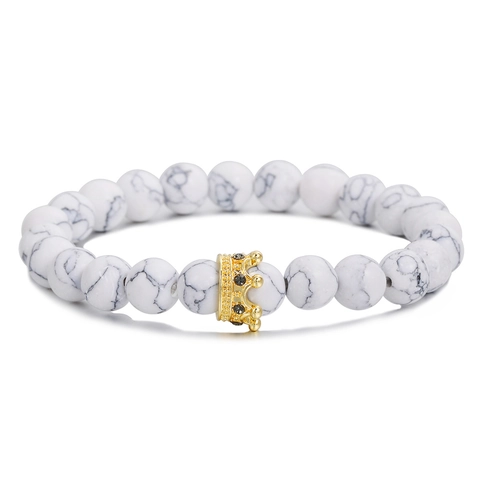 Men Natural Volcano Stone Howlite Crown Beaded Bracelet Handmade Elastic Stone Charm Bracelet Jewelry Gift For Him