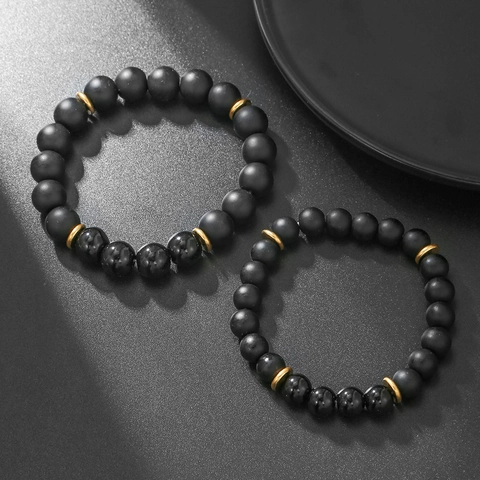 Natural Black Agate Beaded Bracelet For Men Women Matte Polished Stone Beads Handcrafted Gold Spacers Minimalist Trendy Jewelry Gift