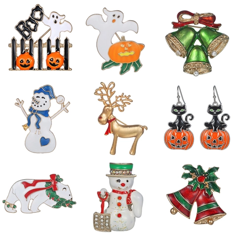 Enamel Christmas Halloween Brooch Pin Alloy Rhinestone Santa Reindeer Snowman Pumpkin Ghost Holiday Festive Party Jewelry Gift
