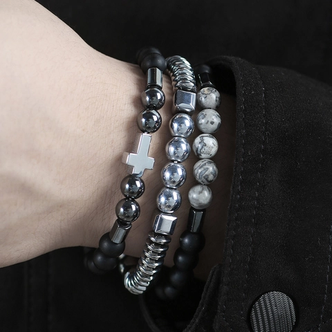 Men Beaded Bracelet Natural Stone Matte Agate Map Stone Alloy Cross Pendant Elastic String Fashion Jewelry Combination