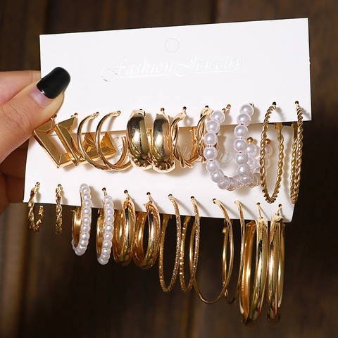 Lot de 6 Paires de Boucles d'Oreilles Créoles en Alliage Vintage pour Femmes Perle Artificielle Strass Bijoux Or Argent