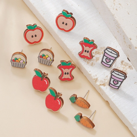 Cartoon Wooden Stud Earrings Set Cute Easter Apple Carrot Coffee Cup Pattern Handmade Jewelry Earrings For Women Kids