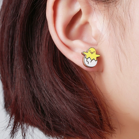 Pendientes de Madera Animales de Dibujos Animados para Mujeres Niños Lindo Conejo Pollito Arco Iris Joyería de Pascua Poste Titanio