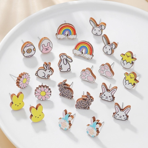 Pendientes de Madera Animales de Dibujos Animados para Mujeres Niños Lindo Conejo Pollito Arco Iris Joyería de Pascua Poste Titanio