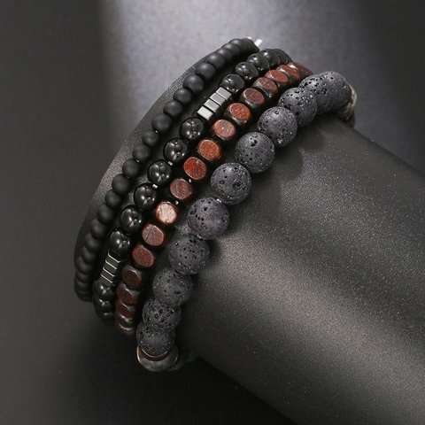 Natural Volcanic Stone Wood Bead Bracelet Set For Men Women Handmade Elastic Lava Rock Hematite Hip Hop Jewelry Gift