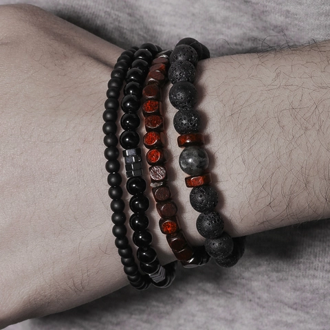 Juego de Pulseras Punk para Hombre de Piedra Natural y Cuentas de Madera Pulsera de Lava de Piedra Volcánica Joyería Boho
