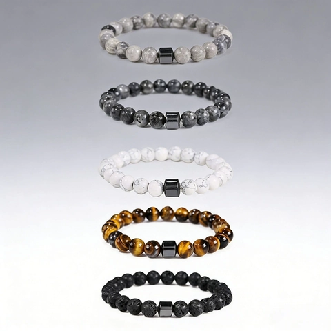 Natural Stone Beaded Bracelet For Men Synthetic White Turquoise Tiger Eye Volcanic Rock Elastic Healing Bracelet Jewelry