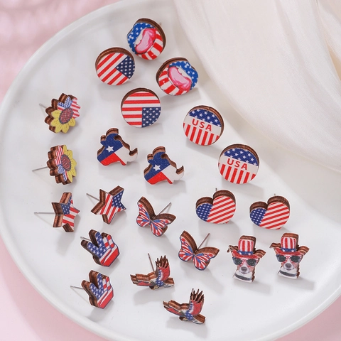 USA Flag Wood Stud Earrings For Women Independence Day Star Heart Butterfly Eagle Pattern Wood Jewelry Patriotic Gift