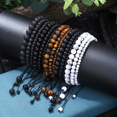 Handmade Tiger Eye Lava Stone White Turquoise Bracelet Adjustable Braided Rope Natural Stone Beads Men Jewelry Gift