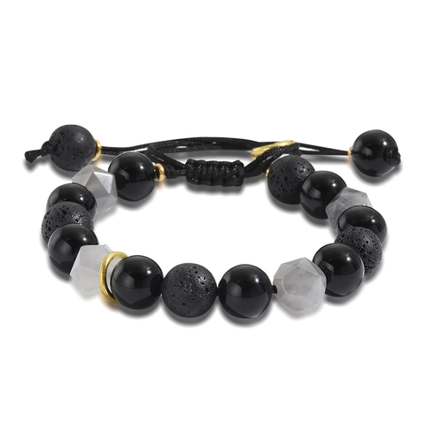 Verstellbares Schwarzes Lavastein Obsidian Perlenarmband Für Herren Handgefertigtes Gewebtes Seil Geometrischer Grauer Schmuck