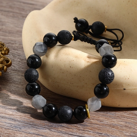 Verstellbares Schwarzes Lavastein Obsidian Perlenarmband Für Herren Handgefertigtes Gewebtes Seil Geometrischer Grauer Schmuck