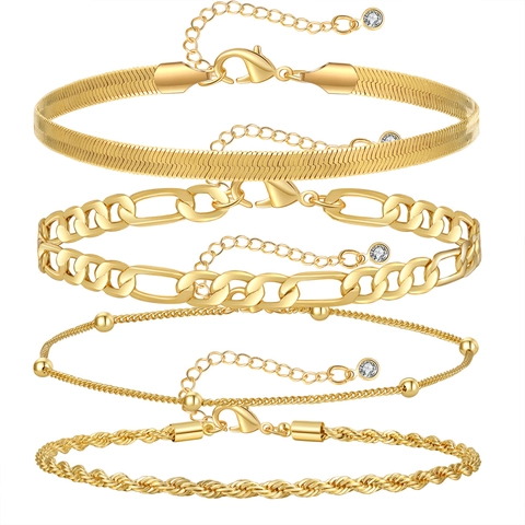 Gold Plated Copper Chain Anklet For Women Minimalist Snake Figaro Paperclip Cuban Chain Link Adjustable Rhinestone Foot Jewelry