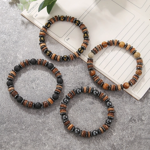 Vintage Natuursteen Houten Kralen Armband Mannen Vrouwen Boeddhistische Mantra Hematiet Elastische Kralen Armband Etnische Sieraden
