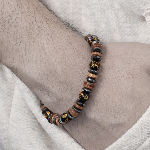 Vintage Natuursteen Houten Kralen Armband Mannen Vrouwen Boeddhistische Mantra Hematiet Elastische Kralen Armband Etnische Sieraden